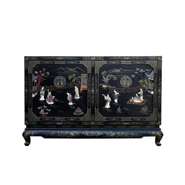Vintage Chinoiseries Black & Stone Inlay Graphic Sideboard Cabinet cs7527E 