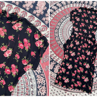 Vintage ‘80s does ‘40s floral print rayon crepe dress | pleated peplum, black & pink roses, 40s inspired retro dress, S/M 