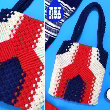 Cool Vintage 70s Red White Blue Macrame Shoulder Purse 