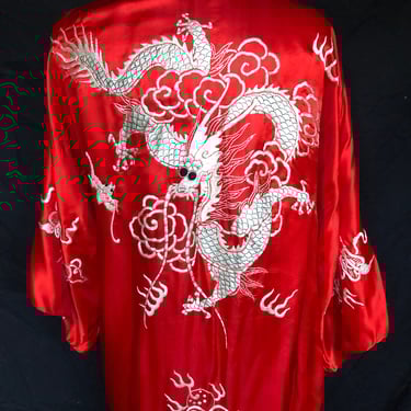 Vintage 1940's Red Silk Satin Asian White Dragon Embroidered Kimono Robe - OS One Size 