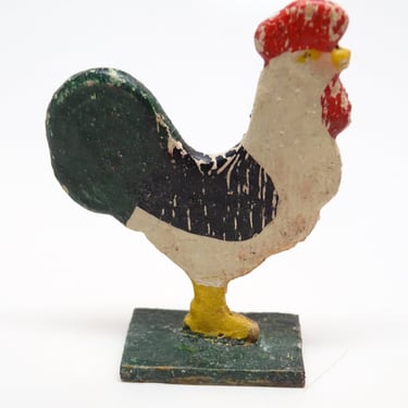 Antique German Wooden Rooster on Wood Stand, Hand Painted Stand Up Farm Toy Chicken for Christmas Putz or Nativity 