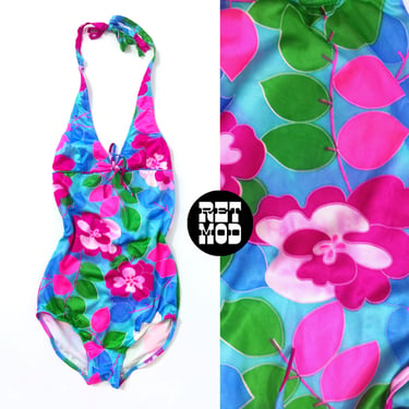 Slinky Sweet Vintage 70s Pink Blue Green Floral Halter One-Piece Swimsuit 