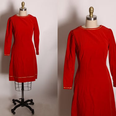 1960s Red Velvet 3/4 Length Sleeve Gold Trim Flared Christmas Dress -XS 