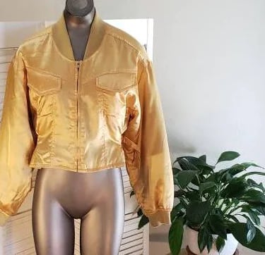 Vintage 70s/ 80s Yellow Gold Satin Bomber Disco Jacket Contempo Casuals Sz S  Pockets 