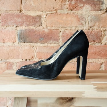 black high heels | 90s y2k vintage minimal suede snakeskin square toe sexy extra high heel pumps size 8 