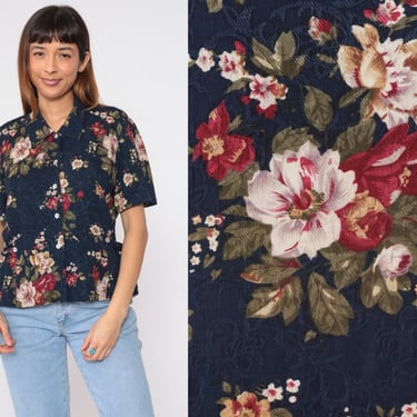 Navy Blue Floral Blouse 90s Button Up Shirt Retro Short Sleeve Collared Top Flower Print Casual Hippie Summer Rayon Vintage 1990s Medium M 