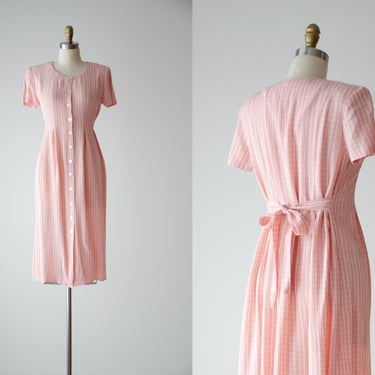 cute cottagecore dress | 90s vintage peach pink white plaid button down midi dress 