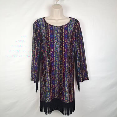 Vintage 60s Floral & Fringe Shift Mini Dress 