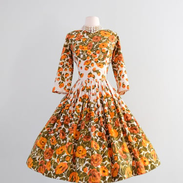 Marvelous 1950's Orange Abstract Floral Dress By Jay Herbert / M