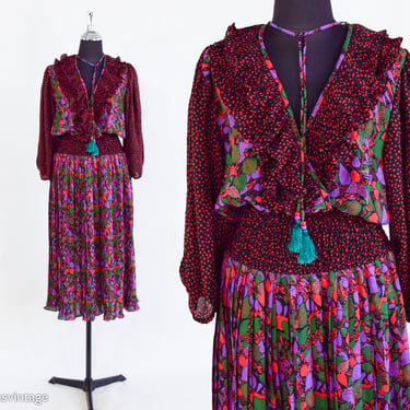 Diane Freis | 1980s Floral Dress Black & Red Polka Dots  | 80s Floral Dotted Party Dress | Diane Freis | Medium 
