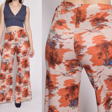 M| 70s Novelty Nature Print Flared Pants - Medium | Vintage High Waisted Boho Elastic Polyester Trousers 