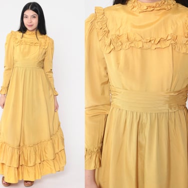 70s Prairie Dress Yellow Bib Victorian Maxi Boho Romantic Long Puff Sleeve 1970s Bohemian Cottagecore Emma Domb Prom Hippie Extra Small xs 