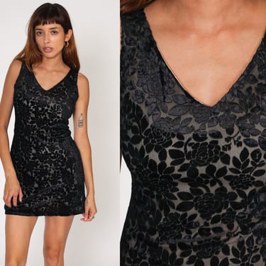 Velvet Burnout Dress Y2K Black Floral Charlotte Russe Party Mini Dress Deep V Neck Velour Bodycon Sleeveless 1990s Vintage Going Out Small 