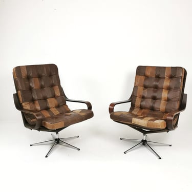 Norwegian westnova High Brown Swivel Lounge Chairs Patchwork Leather, 1970s, set of 2 