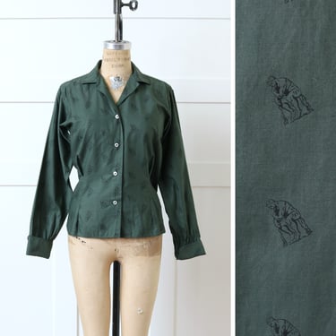 vintage 1950s novelty print blouse • olive green 'The Thinker' figural print long sleeve blouse 