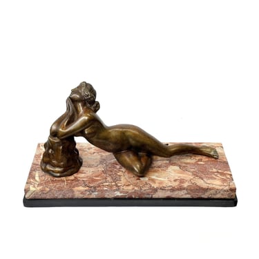 French Art Deco Bronze Nude Sculpture on Marble &amp; Onyx Base