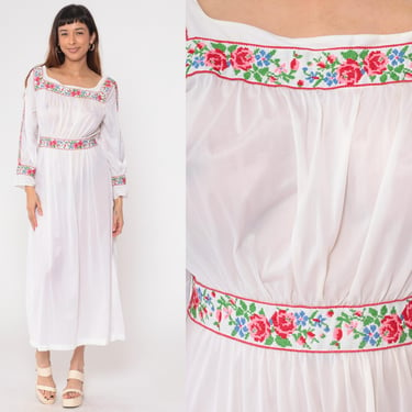 70s Peasant Nightgown Sheer White Pajama Dress Floral Embroidered Maxi Vintage Boho Nightgown Lingerie High Waist Bohemian Medium 38/40 