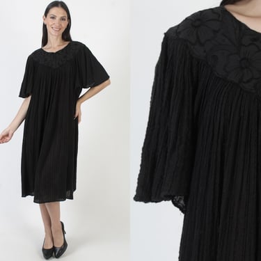 Black Sheer Cotton Gauze Dress, Kimono Angel Bell Sleeves, See Through Sun Vacation Cover Up, Vintage Beach Sundress 