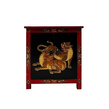 Tibetan Oriental Black Red Double Lions End Table Nightstand cs7589E 