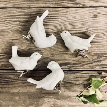 Clip On Porcelain Birds Set of 4 | Bird Ornaments | Vintage White Birds | Glass Bird | Napkin Holder | Gift Tag Bird Clips | Silvestri Bird 