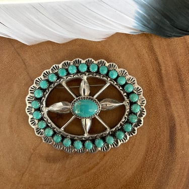 FLOWER WHEEL Vintage Silver & Turquoise Floral Brooch Pendant CC Hallmark | Cluster Pin | Native American Navajo Style Jewelry, Southwestern 