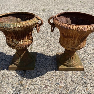 Cast Iron French 21" Campana Urn Form Drop Ring Outdoor Garden Planter - a Pair