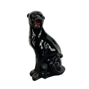 Mid Century Modern Large 1970s Italian Ceramic Black Panther Sculpture 