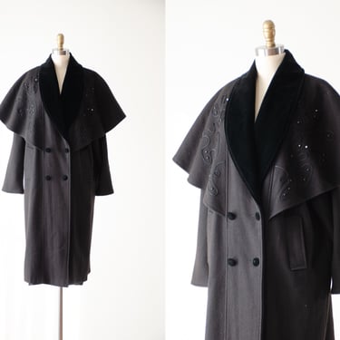 black wool coat | 80s vintage Basile dramatic black velvet embroidered cape collar heavy warm heavy overcoat 