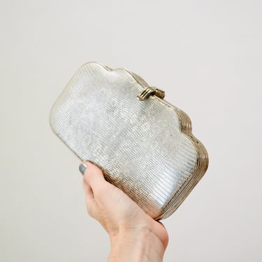 70s Vintage Metallic Silver leather Evening Bag Clutch Purse Reptile embossed white silver leather hard case Wedding bag Astin Made in Italy 