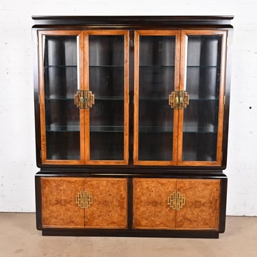 Raymond Sobota for Century Furniture Hollywood Regency Chinoiserie Burl Wood Lighted Breakfront Bookcase Cabinet, 1970s