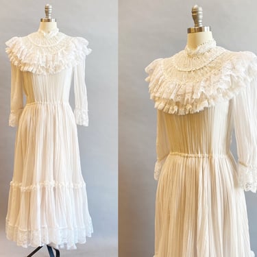 1970s Jessica McClintock Dress / 1970s Wedding Dress / 1970s Cottagecore Dress / Victorian Style Dress / Size Medium - Large 