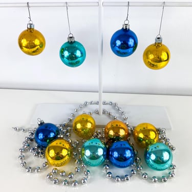 Vintage Glass Christmas Tree Ornament Set of 12, Gold & Blue mixed Mercury Glass balls, vintage retro holiday ornaments, MCM Holiday Decor 