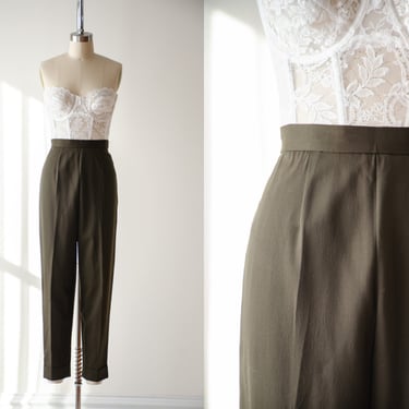 high waisted pants | 90s vintage Lord & Taylor olive forest green brown dark academia style pleated trousers 