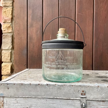 1930s Vintage Kerosene Glass Bottle Jar with Handle Cleveland Metal Products 