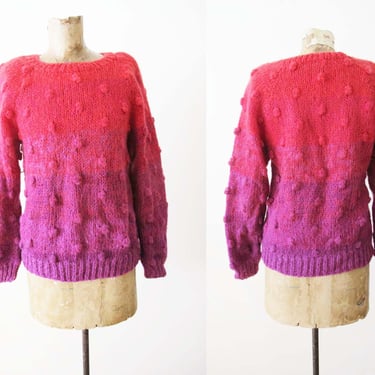 Vintage 80s Pom Pom Knit Pullover Sweater S - Pink Purple Ombre Jumper -  1980s Liz Claiborne Womens Colorful Knitted Sweater 