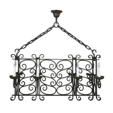 Restored Antique French 8 Arm Rectangular Wrought Iron Chandelier