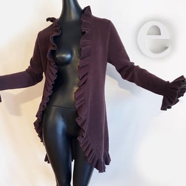 Ruffled 100% Cashmere Sweater Coat Duster • Deep Aubergine / Purple / Neutral • Romantic Hippie Boho • Designer Couture • Size Medium Large 
