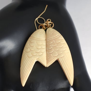 60's carved bone 14k GF abstract fish dangles, funky bone & gold filled metal sea creature earrings 