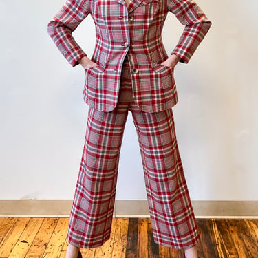70’s Pendleton Red Wool Plaid Two Piece Suit Set Bell Bottoms Blazer