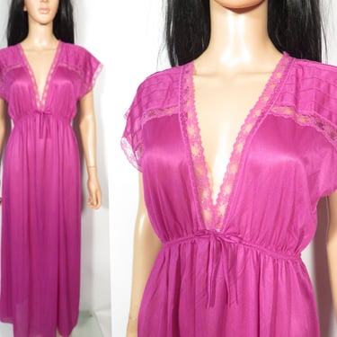Vintage 80s Magenta Lacey Maxi Nightgown Made In USA Size L 