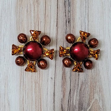 Vintage Dominique Aurientis Starburst Earrings in Goldtone with Ruby Red and Orange  - French Costume Jewelry 