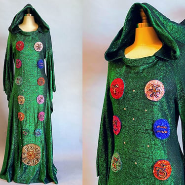 1970s Lurex Gown / Sorceress Costume / 1970s Disco Dress / Astrological Signs / Vintage Halloween Costume / - Size Large 