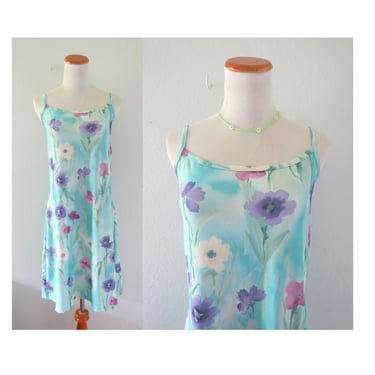 90s Floral Slip Dress Watercolor Sundress Size Large 