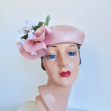 Vintage 1980's 90's Pastel Pink Straw Beret Style Hat with White Flowers Bouquet and Leaves Trim Grosgrain Ribbon Bow Graham Smith Kangol 