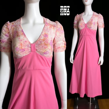 Unique Vintage 60s 70s Pink Maxi Dress with Sheer Lace Top 