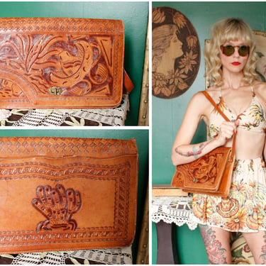 1950s Handbag // Mexican Leather Tooled Handbag // vintage 50s large purse 