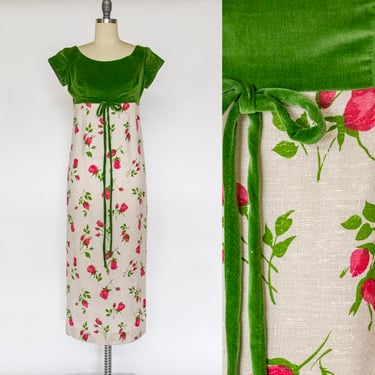 1960s Dress Velvet Floral Linen Column Gown S 