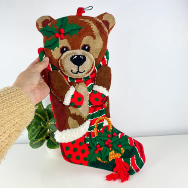 Vintage Needlepoint Christmas Stocking Teddy Bear Scarf Mittens, Hand Made Christmas Teddy Bear Stocking, Grandmas Crafts, Christmas Mantle 