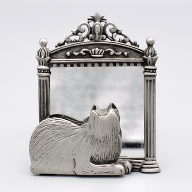 80's JJ cat in mirror brooch, clever Jonette Jewelry pewter colored metal kitty kitsch pin 