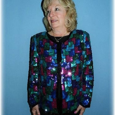 Retro Vintage Plus Sequined Silk Evening Jacket in Geometric Multicolor Sequins by Laurence Kazar 